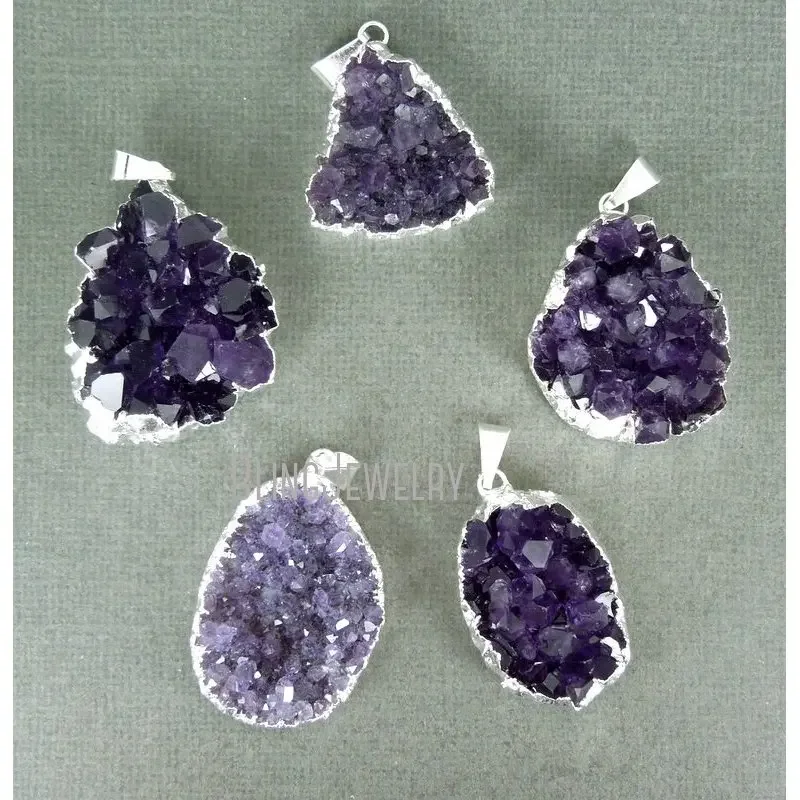 

10pcs Silver Plated Amethyst Druzy Druzzy Drussy Cluster Necklace Pendant for Jewelry Making Healing Crystals Chakra Charms