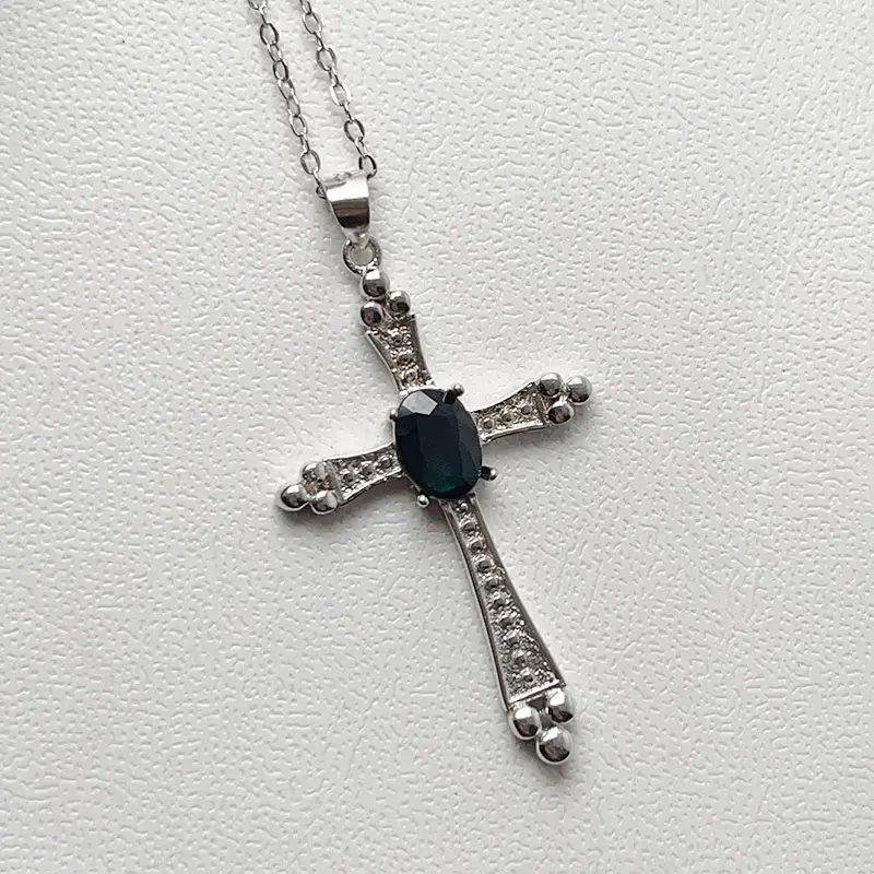 Cross shape 925 Silver Natural Blue Sapphire Pendant with Certificate 7x5mm 1ct Genuine Sapphire Jewelry Gift for Women