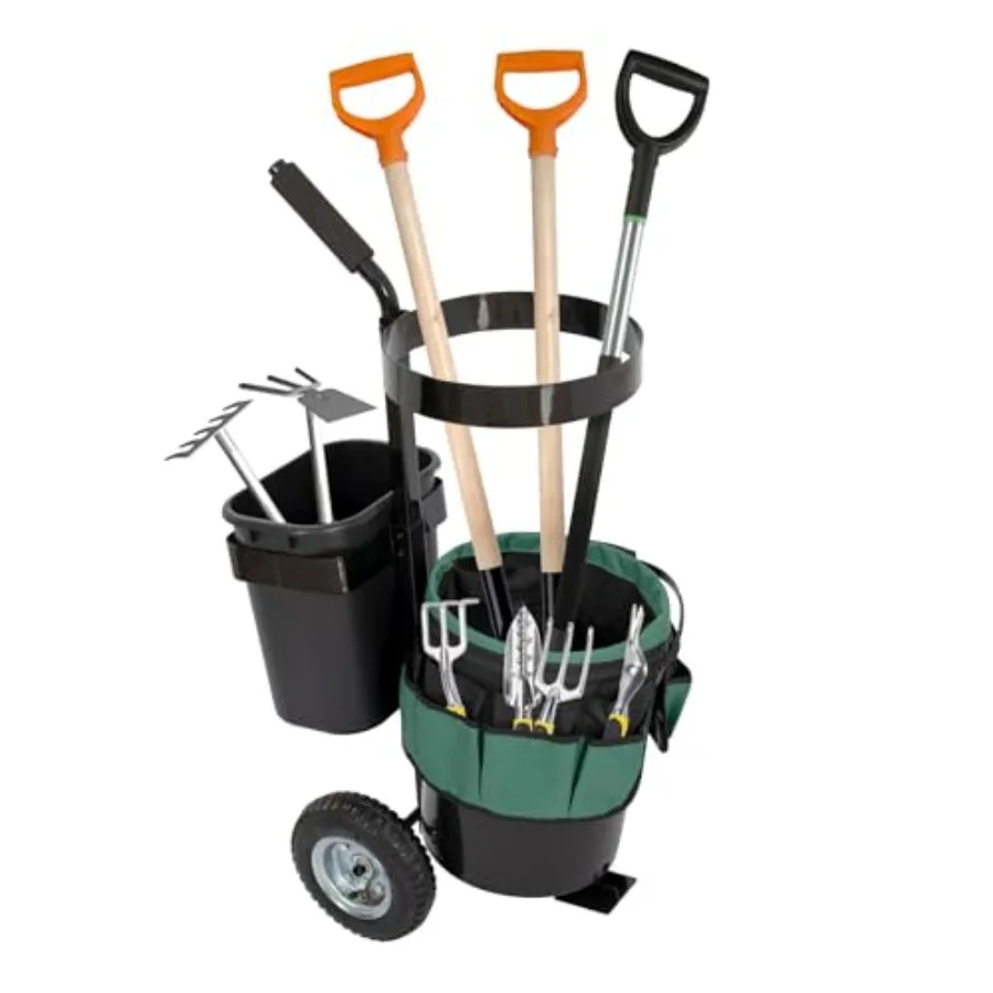 Garden Carts, Heavy Duty Rolling Lawn Yard Mobile Gardening Trolley, Wheeled Outdoor Metal Utility Beach Wagon with 5 Gallon Bu