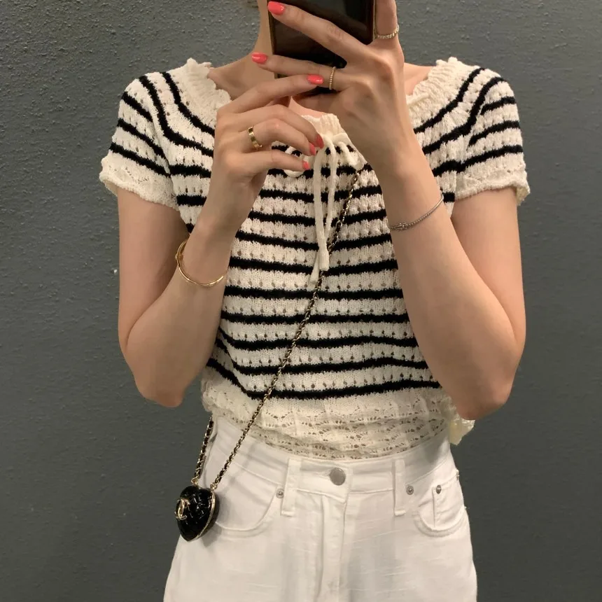Chic gola de renda oco para fora ort sve malha topo feminino fino verão emagrecimento versátil ort listra na moda coreano sle