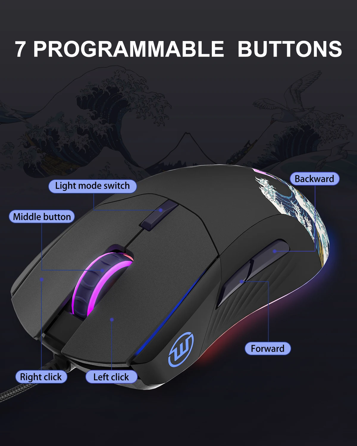 G705 Kanagawa Themed Gaming Mouse Backlit RGB Mouse with Adjustable 12000DPI/7 Programmable Buttons Computer USB Wired Mouse