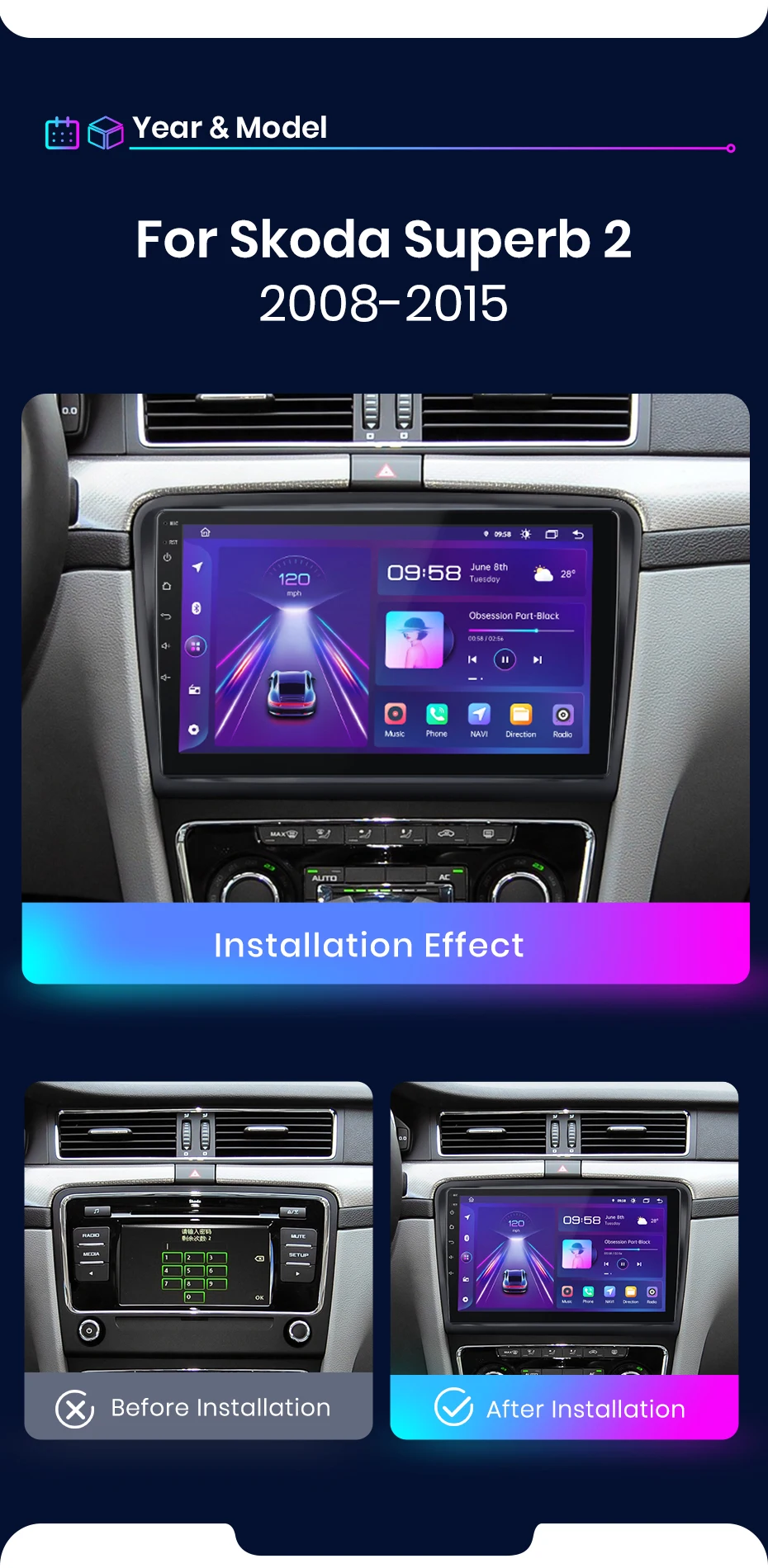 Junsun AI 4G LTE Wireless CarPlay Android Auto Autoradio für Skoda Superb 2 2008 2009 2010 2011 2012-2015 GPS Navi BT DSP RDS FM – Detail 3