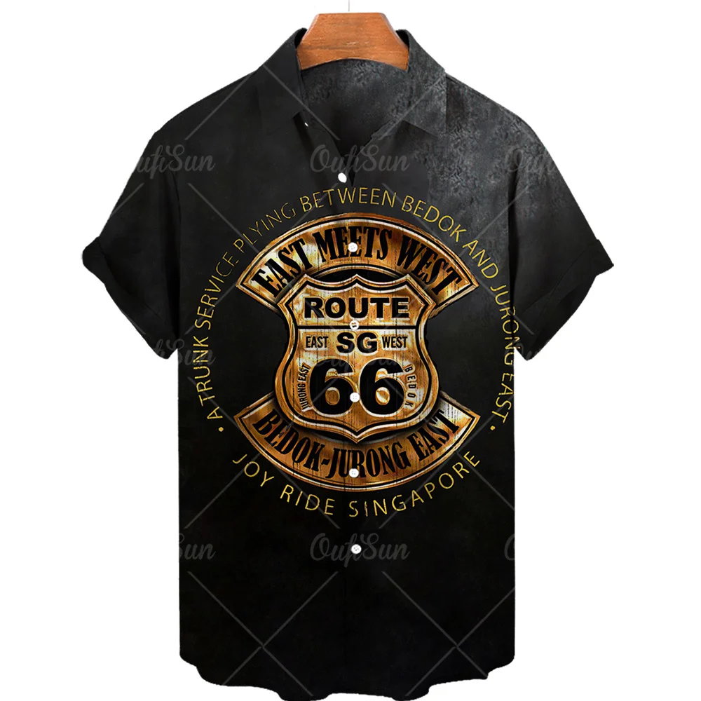 Camisa de manga curta havaiana masculina, Route 66 Street, camiseta clássica impressa em 3D, lapela de música rock, top masculino, roupas vintage, plus size, nova