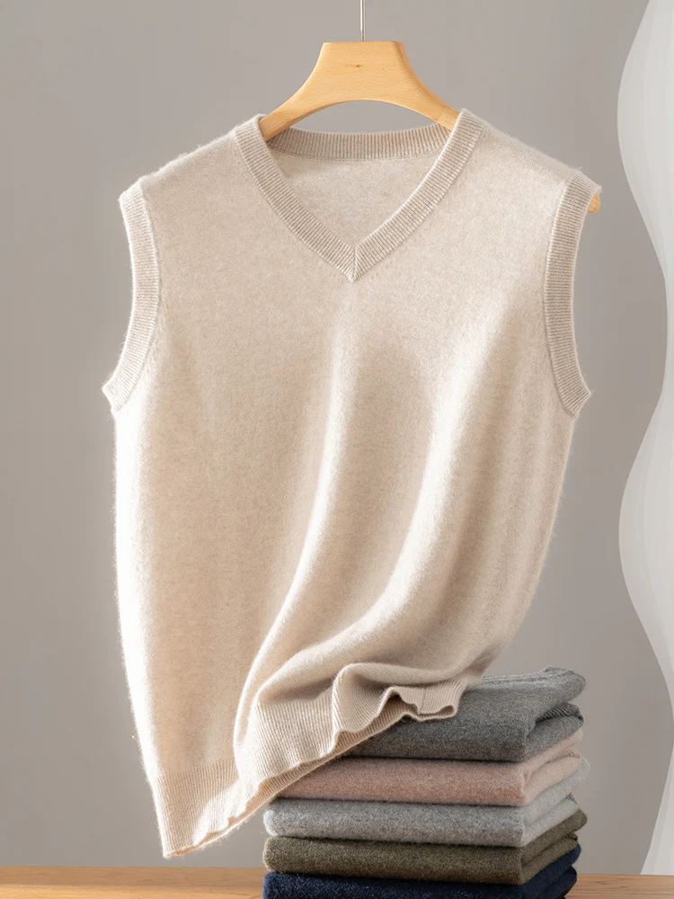 New 100% Cashmere Sweater Men V-neck Waistcoat Basic Pullover Autumn Winter Soft Comfy Bottom Cashmere Knitwear High Quality Top