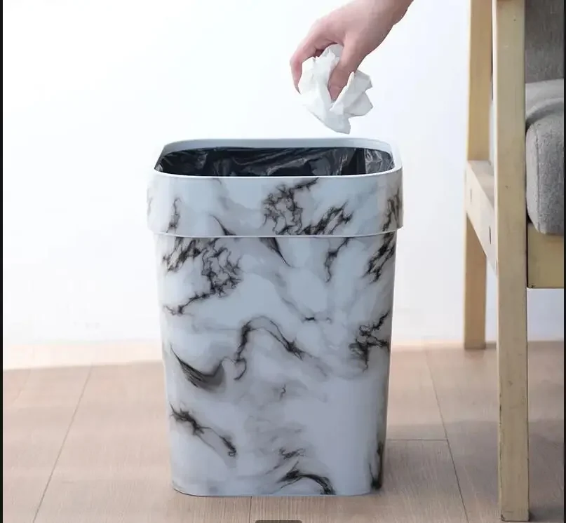 

White Marbling Plastic Trash Can Without Cover Wastebasket Garbage Bin Storage Basket Square Waste Bins Cleaning Tools