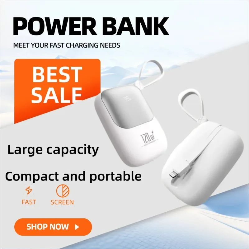 

Mini Power Bank with 20000mAh Large Capacity 120W Super Fast Charging and Built-in Cable