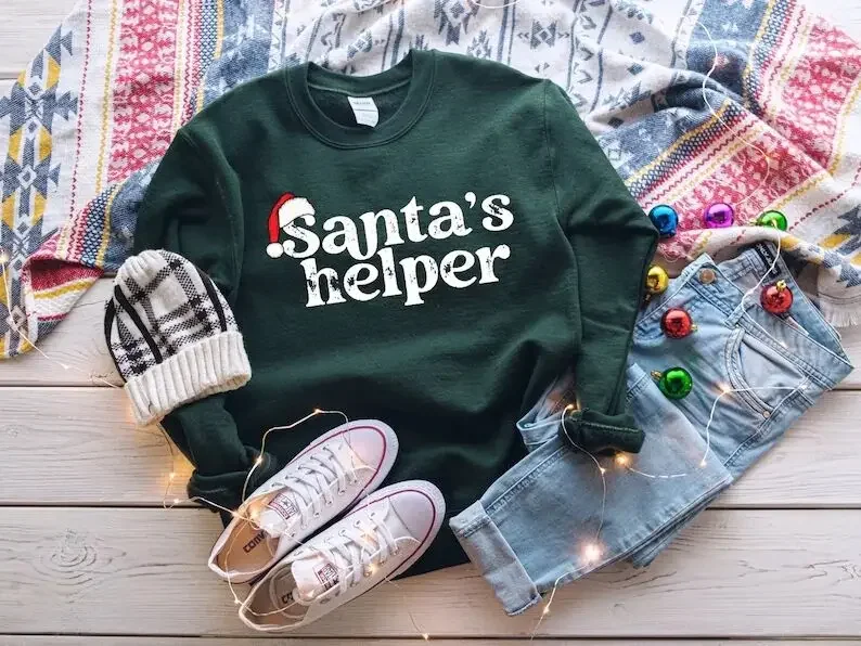 

Santas Helper Women Christmas Merry Christmas Sweatshirt for Shirts 100% Cotton Top Tee Funny Letter Print Graphic O Neck y2k