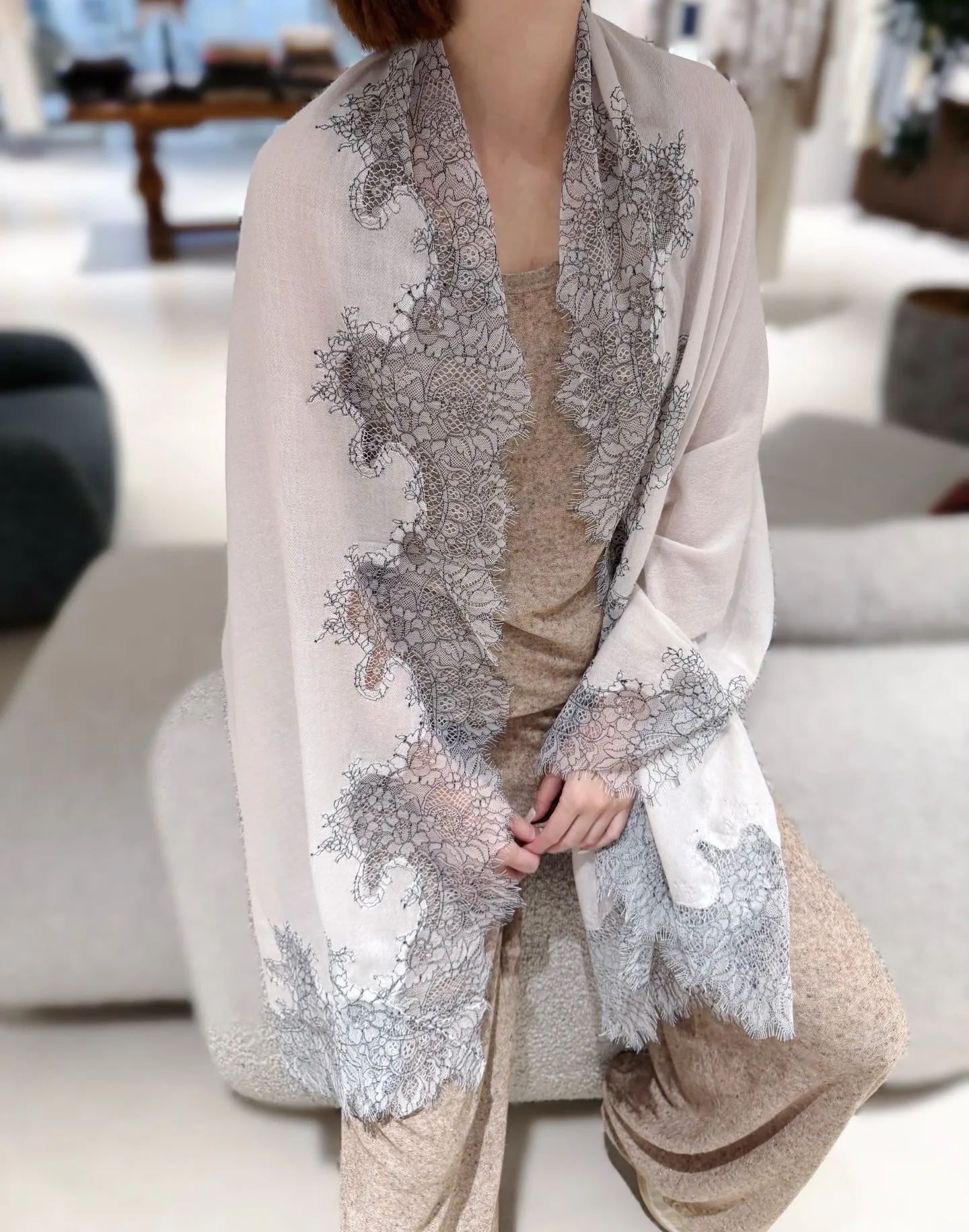 Women Beige Cashmere Shawl Exquisite Lace Patchwork Fringed Large Warm Scarf Wrap Black Knitted Top