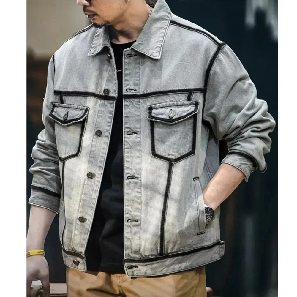 

Men's Spring 2026 new wash traced denim coat Fashion vintage pad dyed lapel cargo jacket men