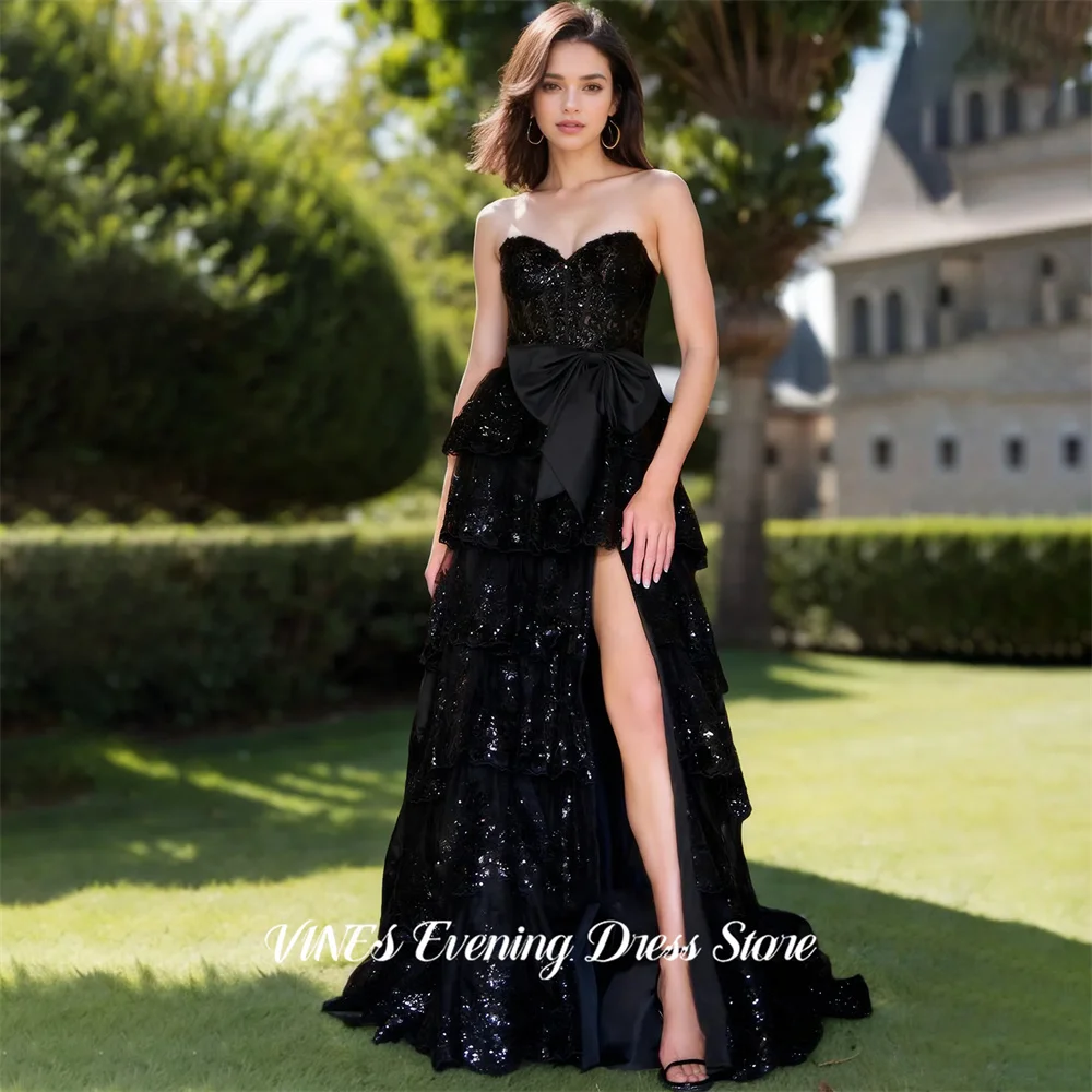 

VINES Black Sleeveless Evening Dresses Sweetheart A Line Gala Dress Tiered Ruffled Formal Dress with Bow Party Dress Customized