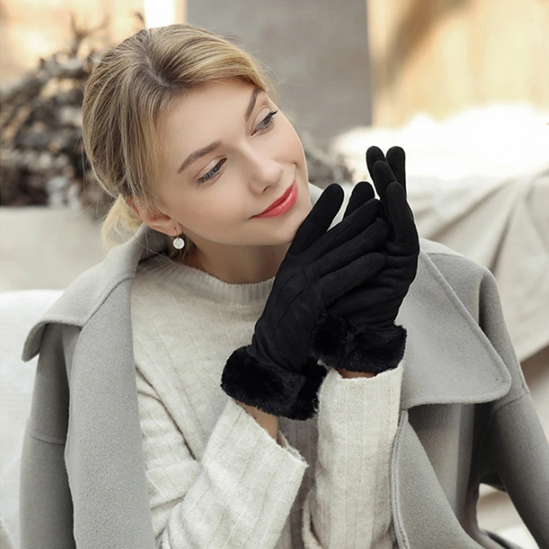 Winter Keep Warm Touch Screen Gloves Plus Velvet Inside Suede Women Gloves Fashion Simple Cold Protection Thicken Outdoor Gloves