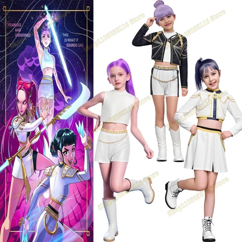 

Kids Girls Kpop Demon Hunters Rumi Zoey Mira Cosplay Full Suit Set Costume Anime Idol Stage Performance Children Halloween Party