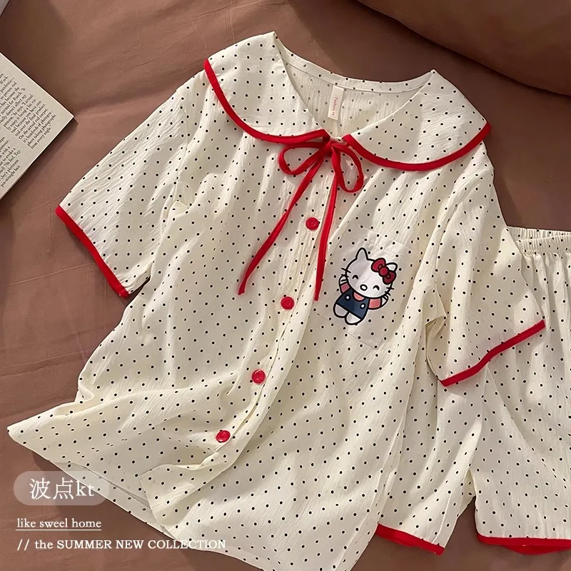

Hello Kitty Summer Pajamas Set Women's Short Sleeve T-Shirt & Shorts Cherry Red Bow Tie Sleepwear Kawaii Nightwear Loungewear