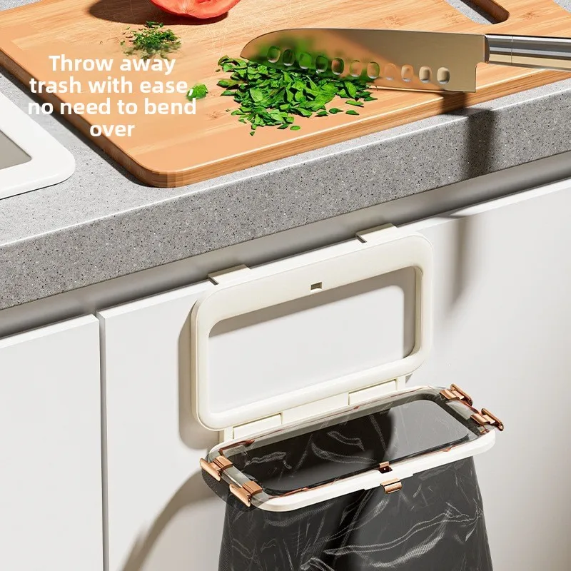 Foldable Garbage Bag Holder for Cabinet Door, No Drill Hanging Trash Rack Kitchen Organizer Space Saver