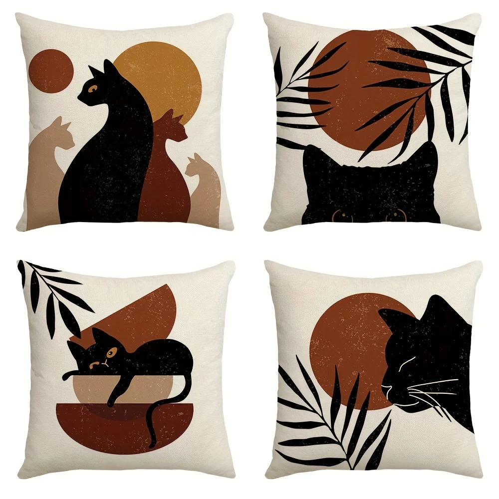 Boho Cat Lover Cushion Pillow Covers 4 Piece Set Mid Century Modern Tropical Sun Leaves Decor Home Accessories 45x45cm