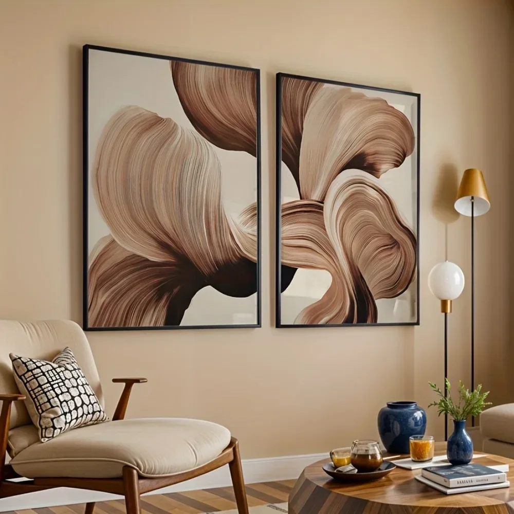 Canvas Painting 2pcs frameless  2pcs Frameless,Brown Abstract Line Art Prints,Simple Wall Art,Modern Home Art,Bohemian Gallery D