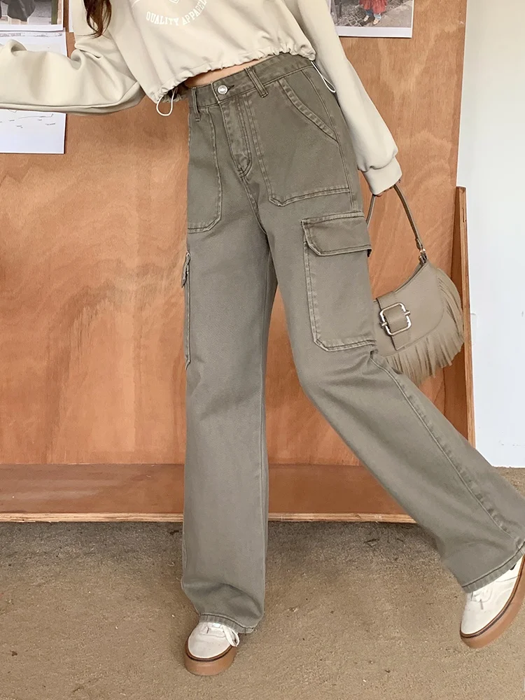 

Женские повседневные джинсы свободного прямого кроя, осенняя новинка, широкие брюки с высокой талией, карго-брюки