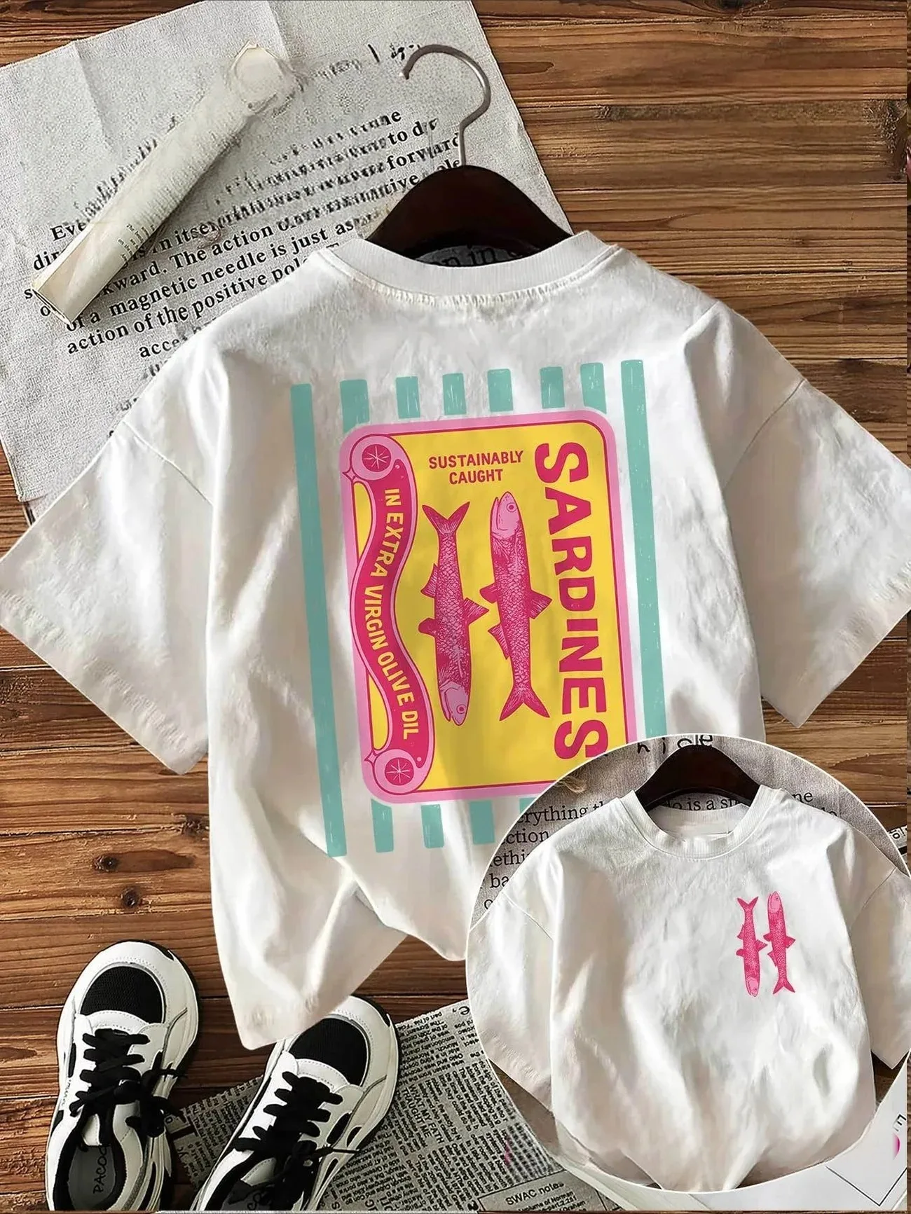 Sardine graphic tee, retro t-shirt for food lovers, canned fish print t-shirt, coastal summer tee, aesthetic fisherman t-shirt