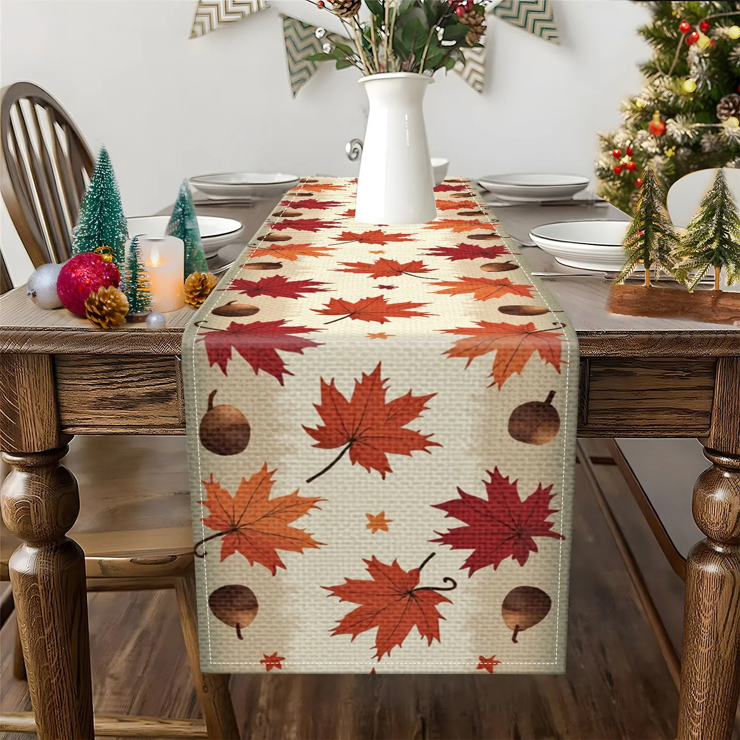 1Pc Autumn Maple Leaf Theme Table Runner with Maple Leaf and Hazelnut Pattern, Fit for Fall Banquet, Pastoral Restaurant, Home Decor, Photography Background Scene.