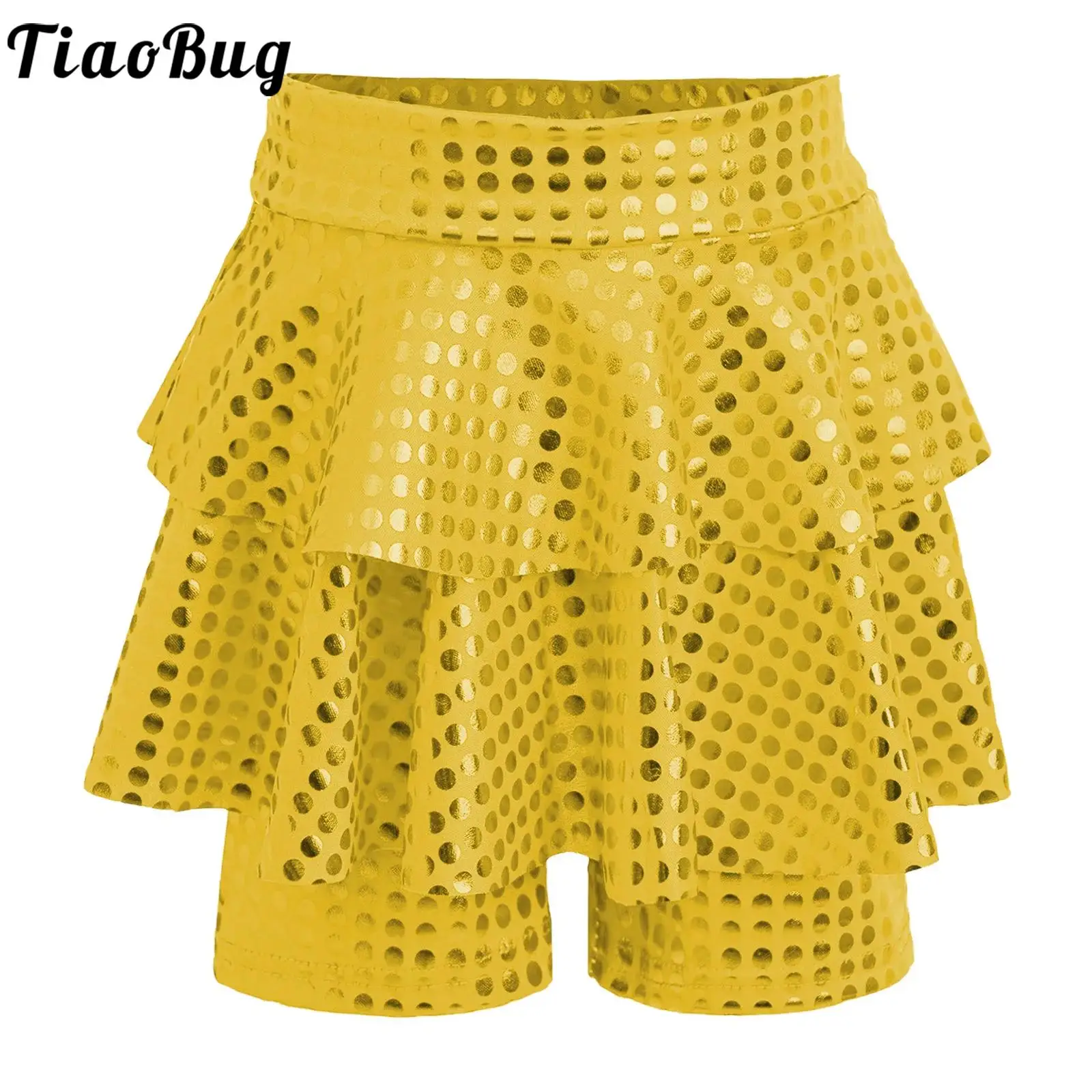 

Girls Metallic Dots Skirted Shorts for Skating Modern High Waist Elastic Waistband Culottes Jazz Dance Cheerleading Performance