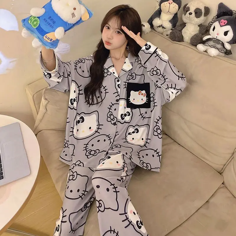 Hello Kitty Cartoon Women Winter Velvet Pajamas Sweet Y2k Girl Style Home Suit Set Korean Version Fashion Long Sleeve Sleepwear