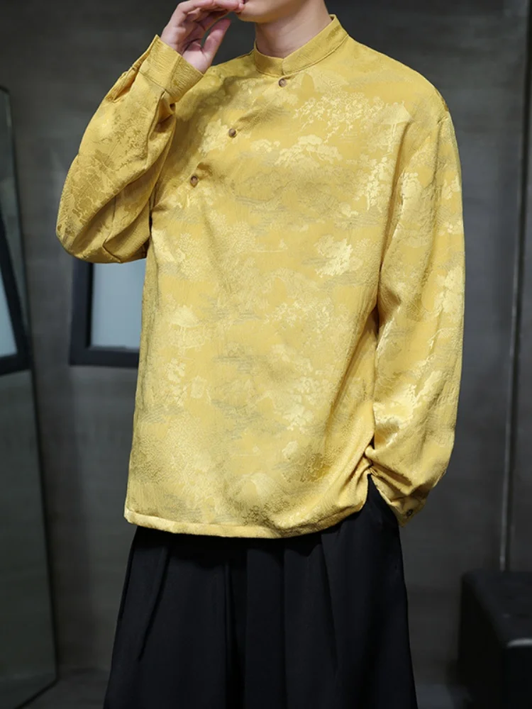 

Новая мужская рубашка в китайском стиле с длинным рукавом, весна 2025, с вышивкой горного и водного пейзажа, модифицированный костюм Тан, Ханьфу