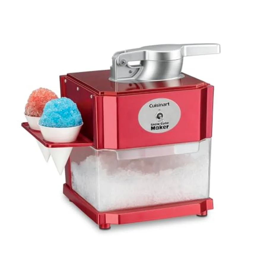 Home snow cone machine for shaved ice treats, durable plastic construction, red color, makes 5 icy cones per batch, includes re