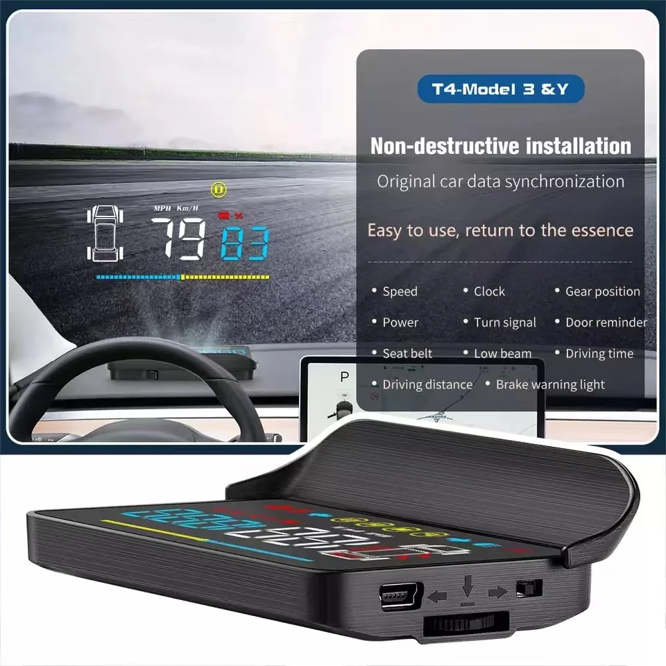 T4 OBD Mirror HUD Head Up Display for Tesla Model 3 & Model Y Mileage Safety Indicator Light Driving Time Speed Power Indicator