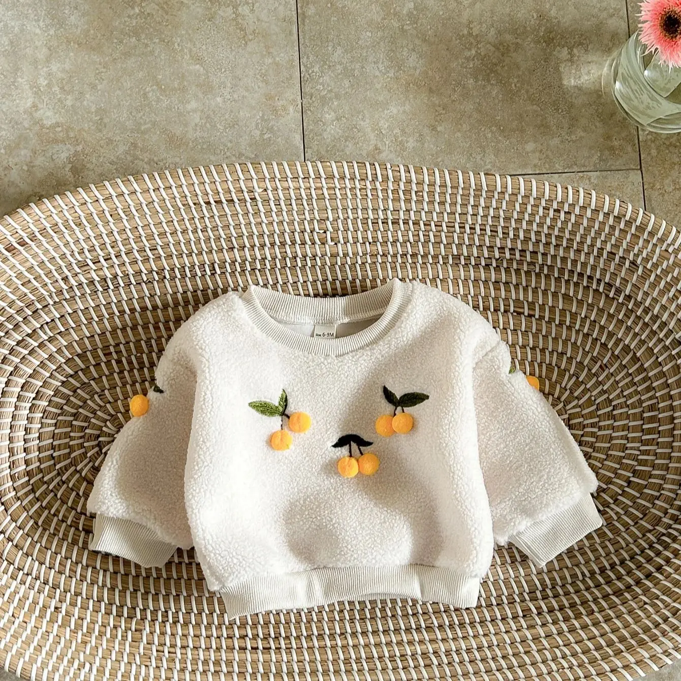 Winter Baby Clothes Fashion Newborn Baby Lamb Wool Tops Fleece Hairball Tops Cherry Embroidery Infant Baby Girl Thick Pullover