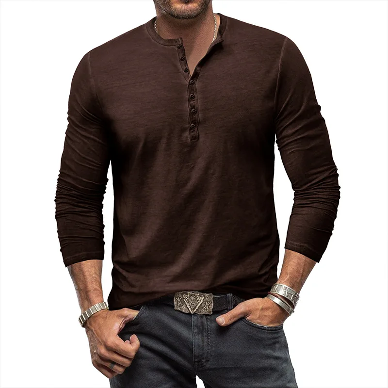 Men'stie-dye solid color slim-fitting retro long-sleeved T-shirt, foreign trade buttons washed and old V-neck men's T-shirt23028