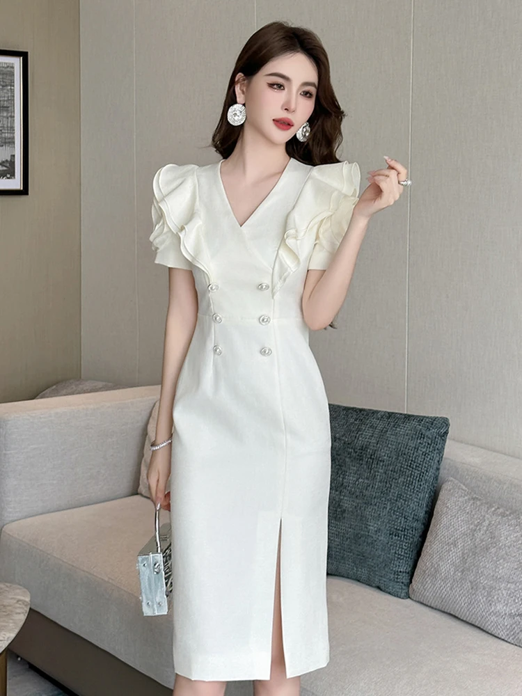 Robe crayon mi-longue à manches bouffantes à volants pour femmes, vêtements de trajet formels, col en V, mode de bureau élégante, nouveau, été