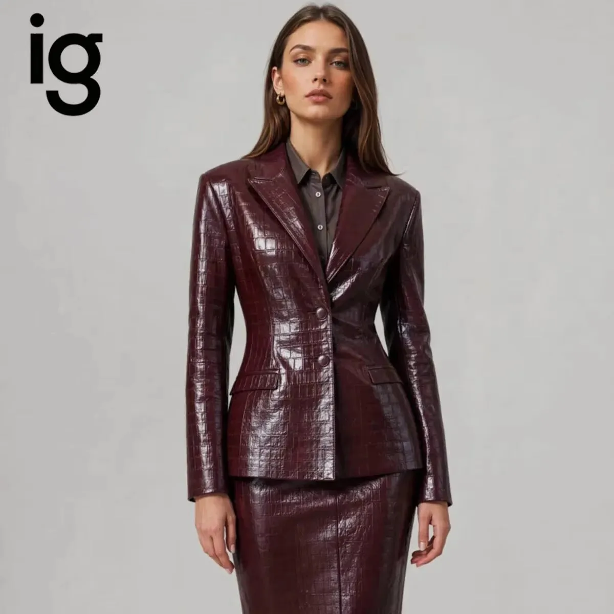 IG 2026 New Women Notched Lapel Croc Embossed Faux Leather Blazer Two Button Slim Waist Long Sleeve Elegant Single Outerwear