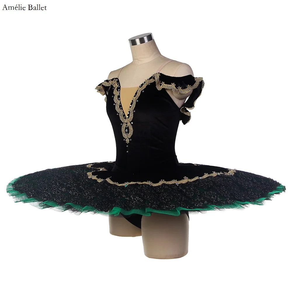 Bll551 corpete de veludo preto com ombro de fora, tutu de balé pré-profissional com acabamento dourado, tutu de balé perforamcne, tule vermelho/verde
