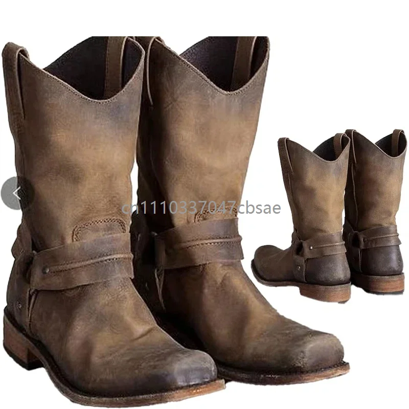

Western Cowboy Retro Medieval Boots Unisex Mid Calf Pu Leather Slip On Shoes For Men Women Outdoor Winter Casual Style Boot