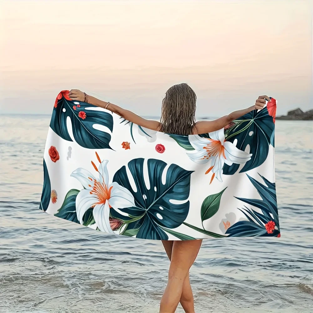 

1pc Tropical Summer Hawaiian Flowers and Palm Leaves Microfiber Towel Set - Quick Dry, Machine Washable, Contemporary Style