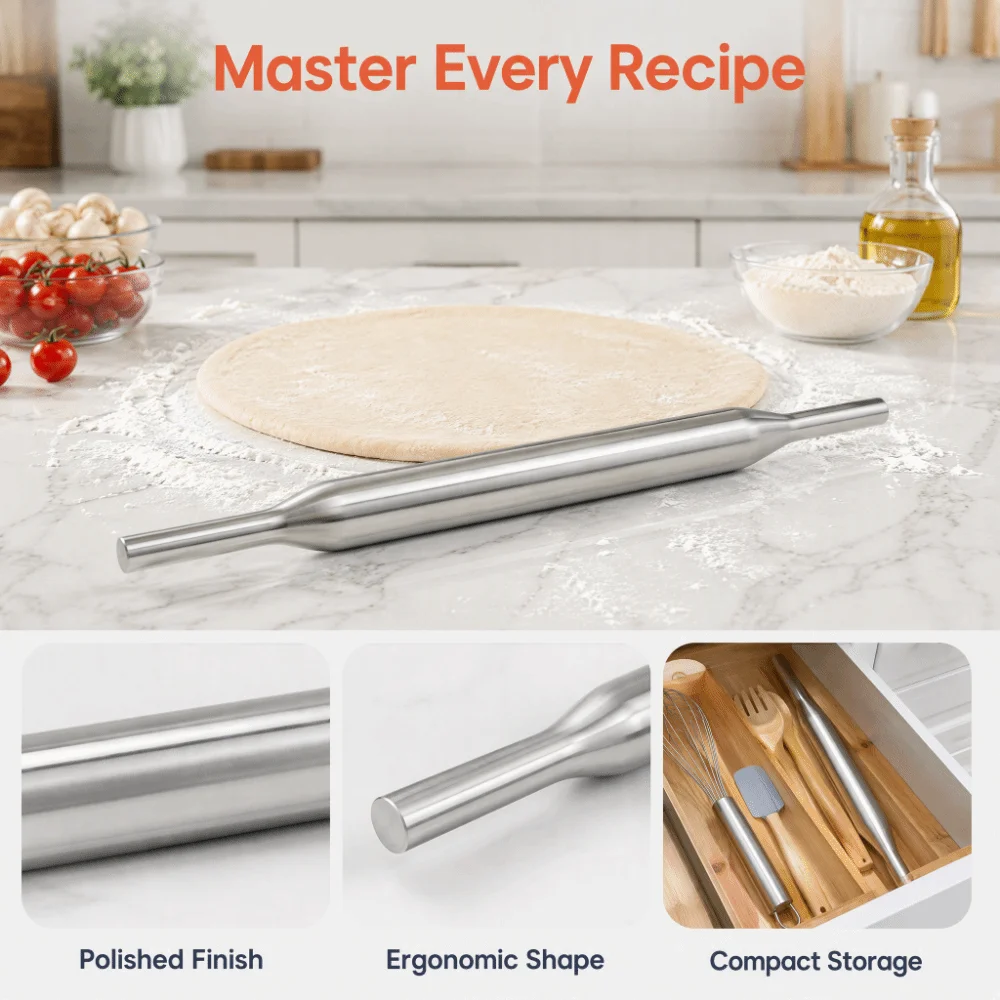304 Stainless Steel Rolling Pin Silver Non-Stick Surface Pizza Dough Roller Easy Clean Portable Design Dough Roller Home Kitchen