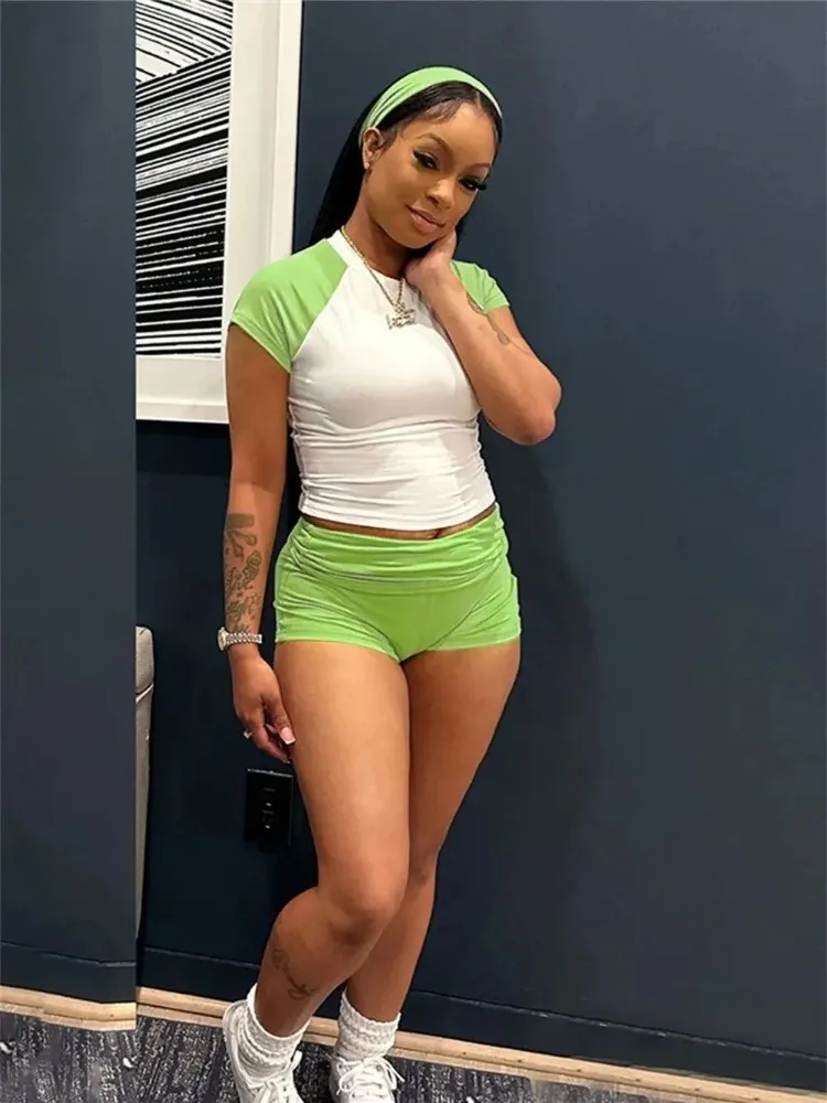 Leosoxs Sporty Patchwork 3 Piece Set Women Casual Summer Headband+Crop Top+High Waist Bike Shorts Street Matching Tracksuit