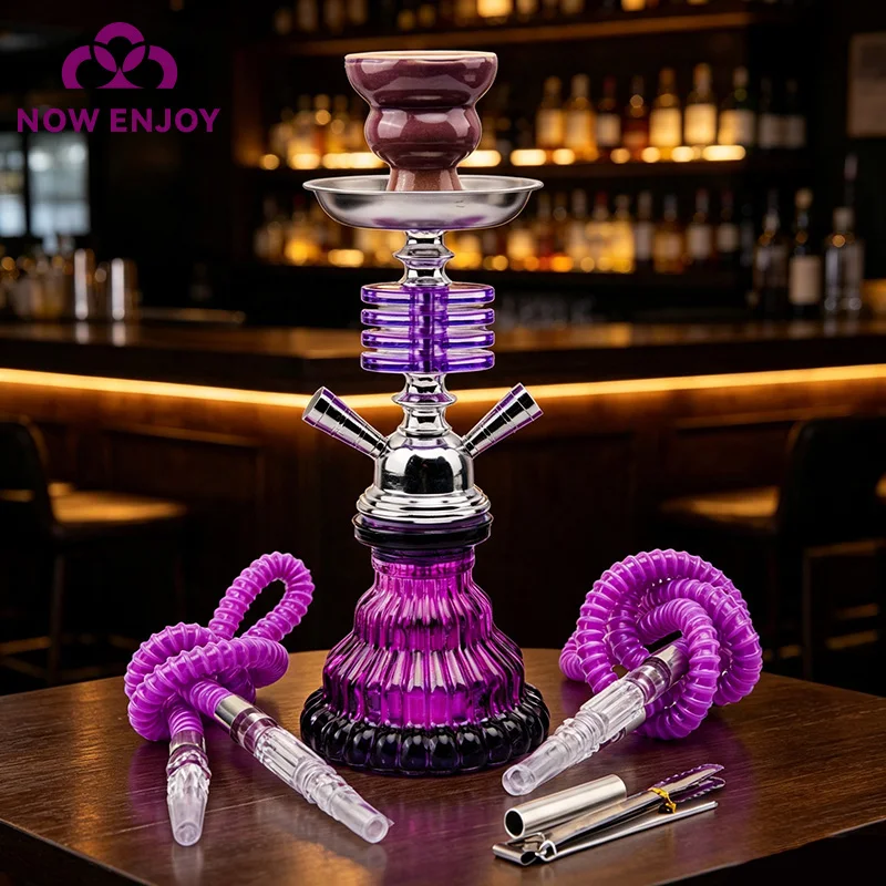 NOW ENJOY 2026 Purple Arab Glass Shisha Pipe Hookah Kit Chicha Cachimba Pipa Nargile Double Hoses Shisha Hookah Water Pipe