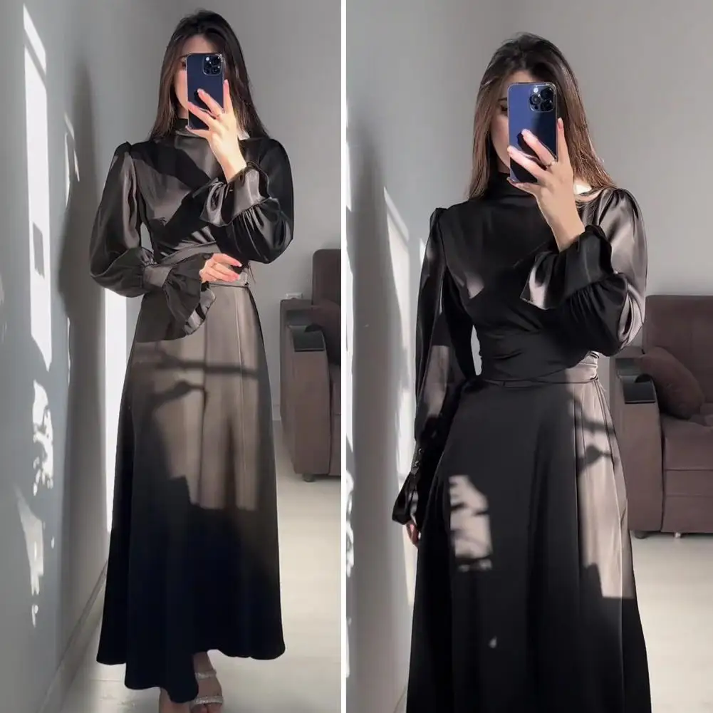 Vestido maxi folgado feminino, vestido elegante, elegante, gola com gola alta, Linha A, Outono, Festas de compras