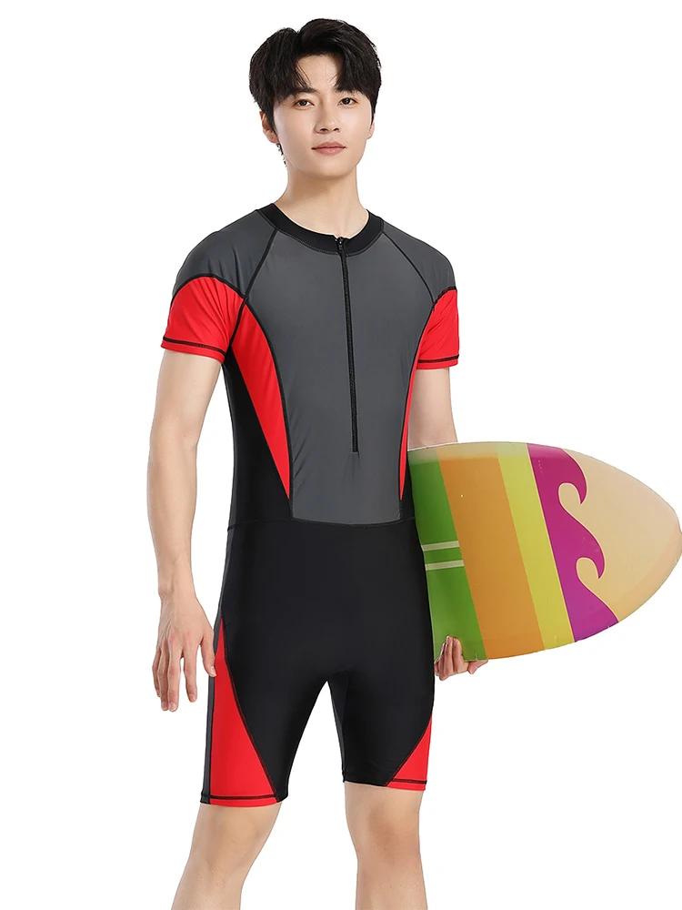 Trisass 2024 New Arrival Men's One Piece Swimsuit Professional Sportswear Short Sleeve Fifth Pants Surf Suit Zipper Bathing Suit