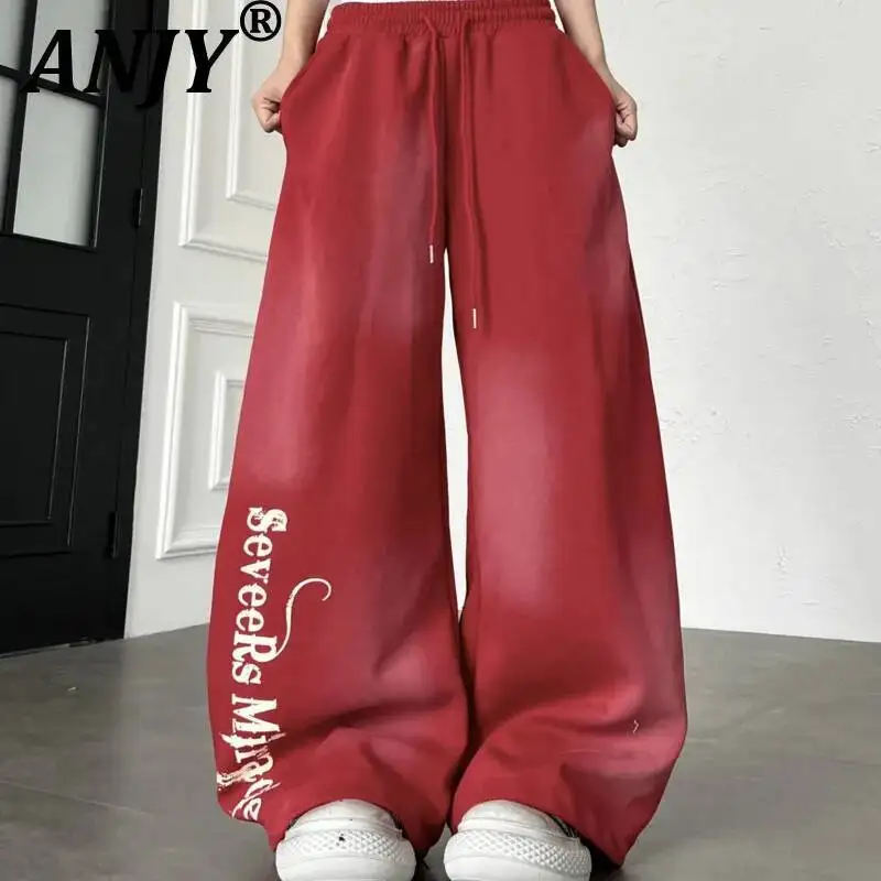 

ANJY Spring Autumn New Women American Street Style Letter Print Tie Dye Distressed Sweatpants Loose Wide-leg Casual Pants A23835