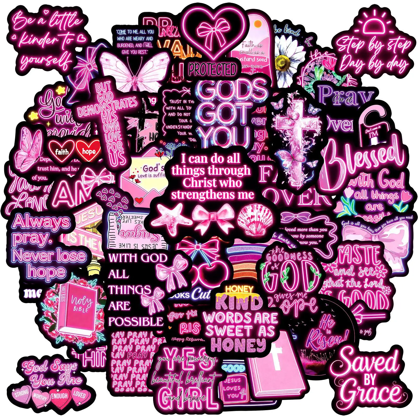 50Pcs Neon Bible Motivational Quotes Stickers Waterproof Graffiti Decals for Water Bottles Notebooks Guitars Luggage Toys