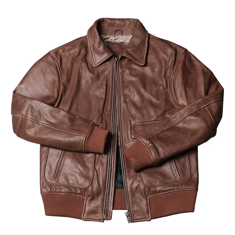 Red Brown Autumn Leather Jacket Men Retro Style Plus Size 3XL Genuine Natural Cowhide Turn-Down Collar Military Flight Coat