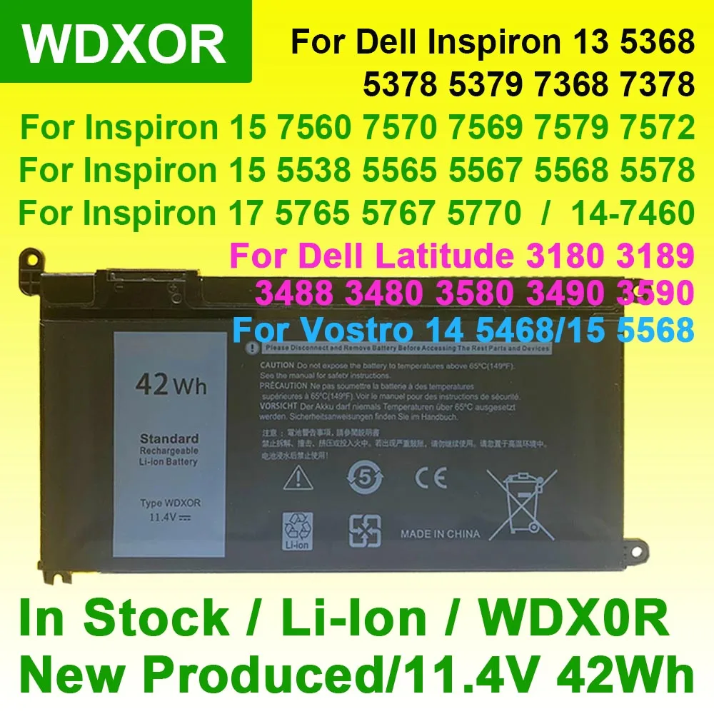 

For Dell Inspiron 13 5368 5378 5379 14 7460 Latitude 3180 3189 3480 3490 Vostro 14 5468 15 5568 WDXOR WDX0R Laptop Battery 42Wh