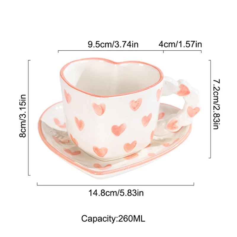 Novelty Hand Painted Love Ceramics Mug Heart Shape Coffee cup with Saucer Romantic Gifts Afternoon tea Cup Breakfast milk cups