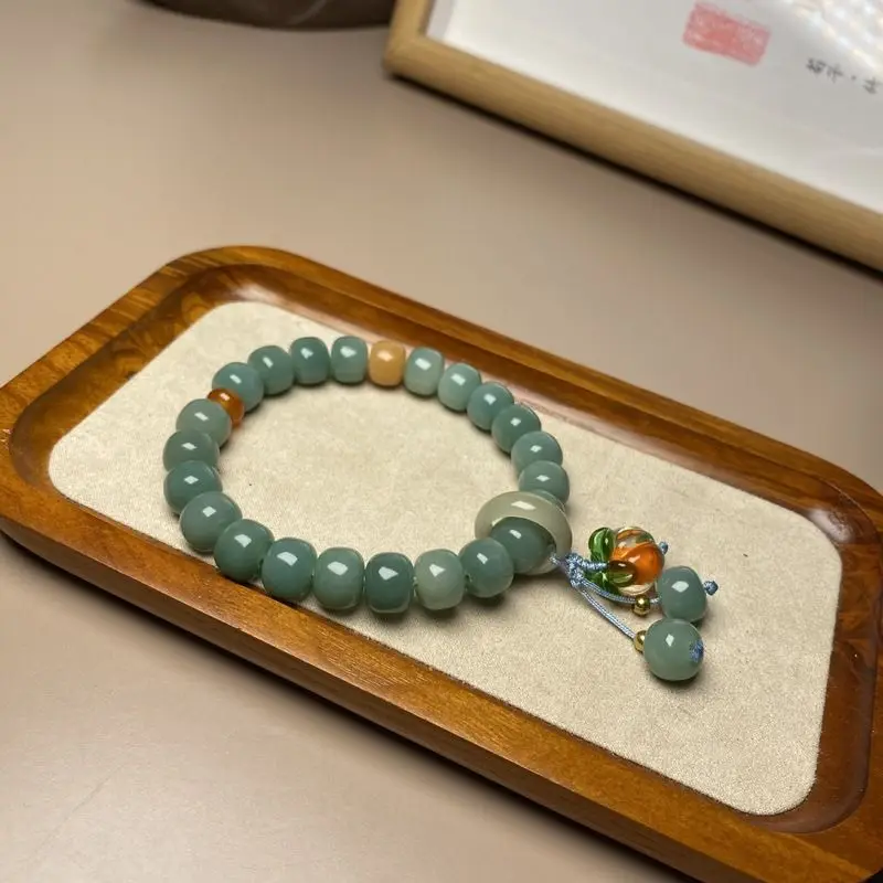 Chinese Style Lucky Blessing Persimmon Pendant 8x10 Natural Green Weathered Bodhi Root Beaded Bracelet Unisex Meditation Fortune