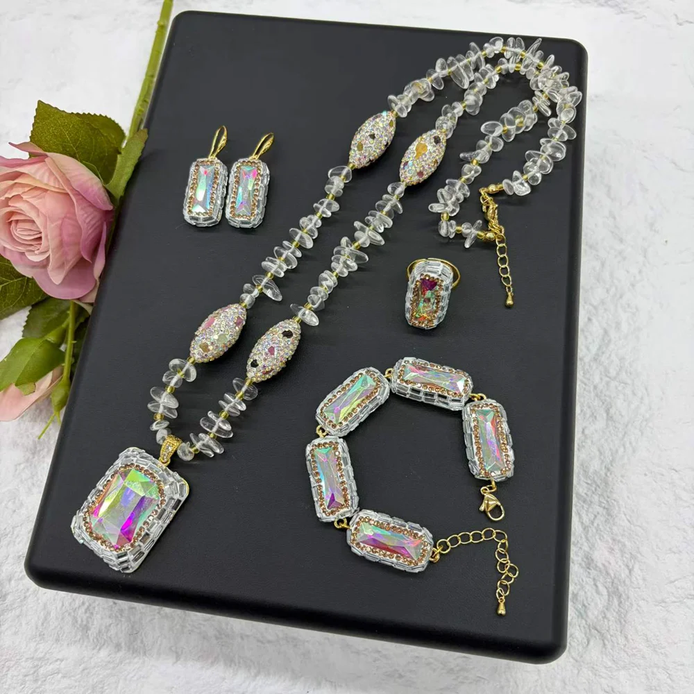 Vintage CZ Zircon Crystal Stone Jewelry Sets for Women Agate Beads Charm Necklace Earring French Style Statement Collar S820
