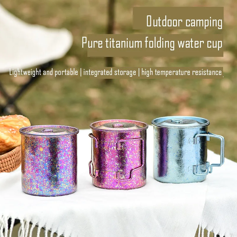 

290/420ML Mug,Single Layer Pure Titanium,Foldable Handle,High Temperature Resistant,Antibacterial,Outdoor Portable Travel Cup