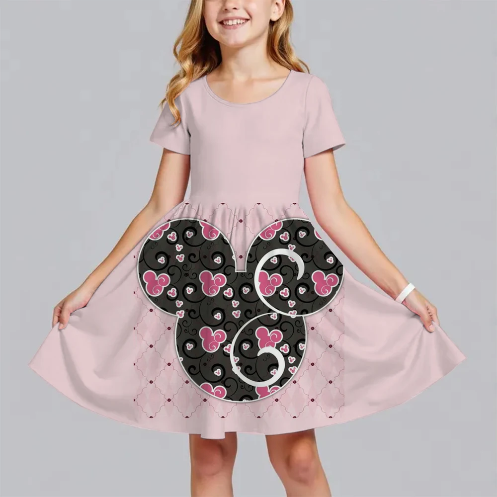 

2026 Disney Cartoon Mickey Mouse Printed Dress Girls Summer Fashion One-piece Dress Kids Daily halloween clothes kids