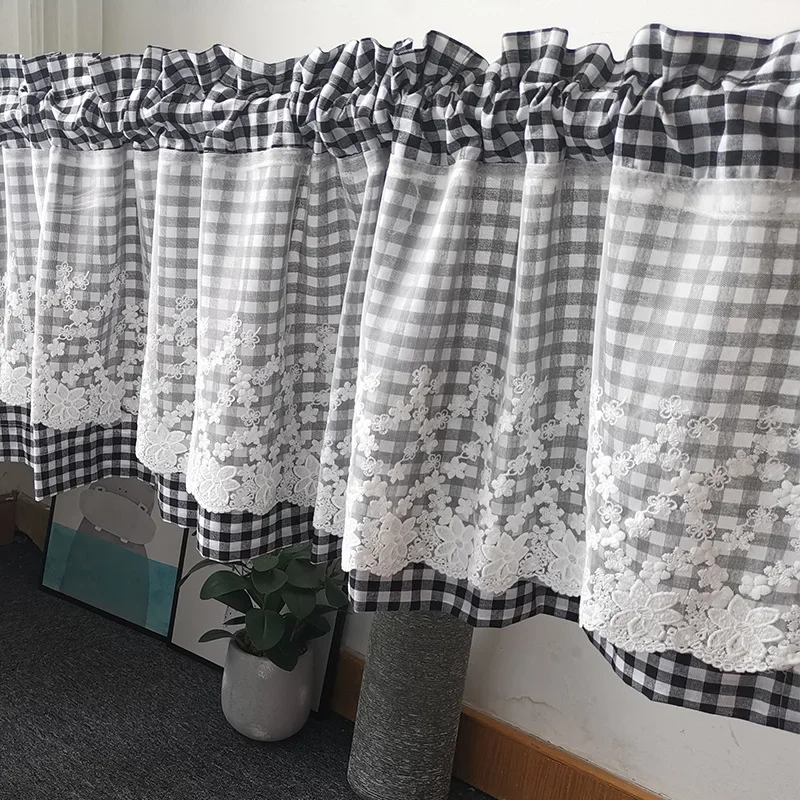 Coffee shop window decoration with short curtains, blue pink black lace checkered curtains, embellished with a touch of style